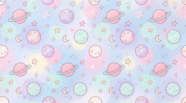 Seamless pattern with cute cartoon planets, stars, and moons in pastel colors, whimsical space background for childrens design