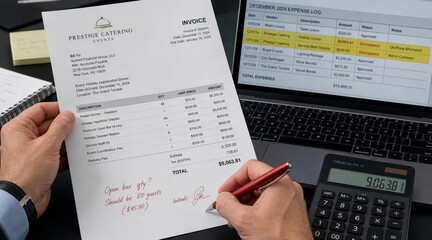 Obraz premium Finance professional reviewing corporate catering invoice