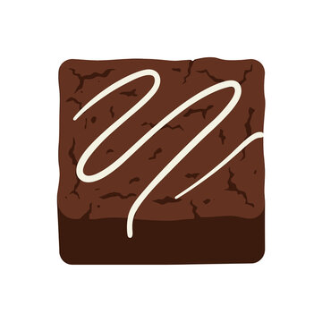 Chocolate brownie dessert square with white icing drizzle topping featured in isolated flat graphic style for bakery menu design element or sweet food poster art.