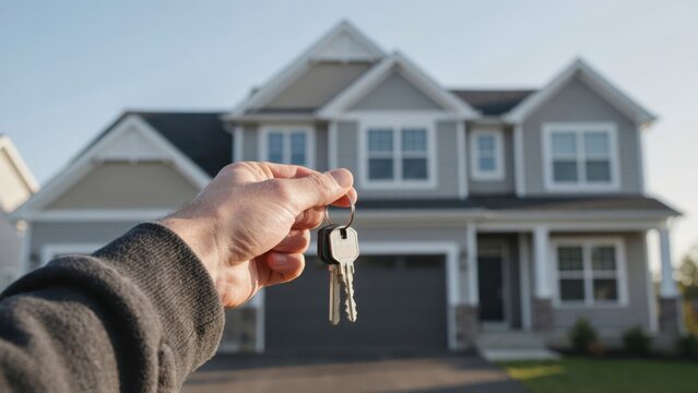 Hand holding house keys in front of a new suburban home