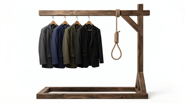 3D render of business suits hanging next to a gallows noose on a wooden rack. Visual metaphor for corporate stress, work slavery, executive burnout, and workplace pressure