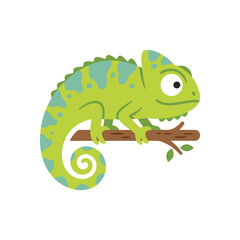 Cute green chameleon lizard resting on wooden branch vector illustration with spotted pattern suitable for nature wildlife education or children book art projects. © Rubab