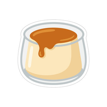 Creamy custard pudding dessert with caramel sauce topping in glass jar isolated on transparent background for bakery menu and sweet food photography projects.