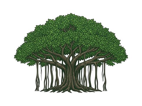 Majestic large tree with hanging roots detailed illustration