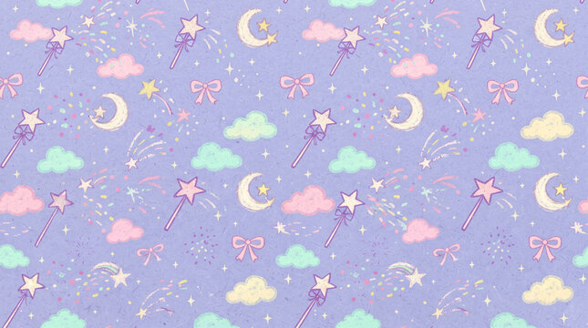 Seamless pattern with magic wands, crescent moons, bows, and clouds on a purple background, cute pastel aesthetic for wallpaper or fabric design