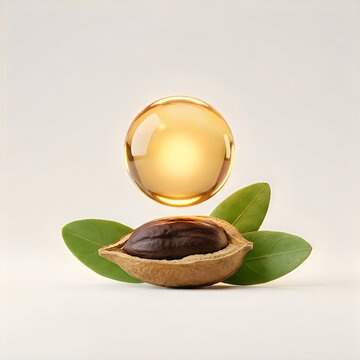 Argan nut with golden oil drop and green leaves on transparent background