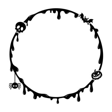 Halloween Dripping Gothic Frame Vector with Skull, Bat, Spider, Jack O Lantern and Black Slime Border, Spooky Circular Design for Halloween Party Poster and Background