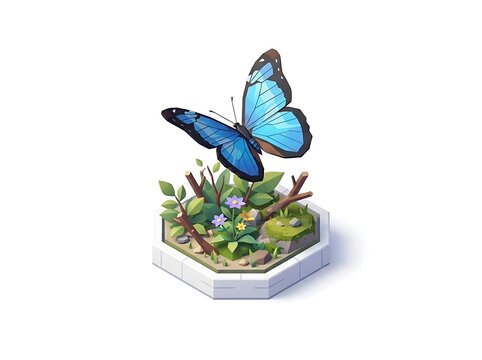 Blue butterfly on miniature natural display with plants and flowers