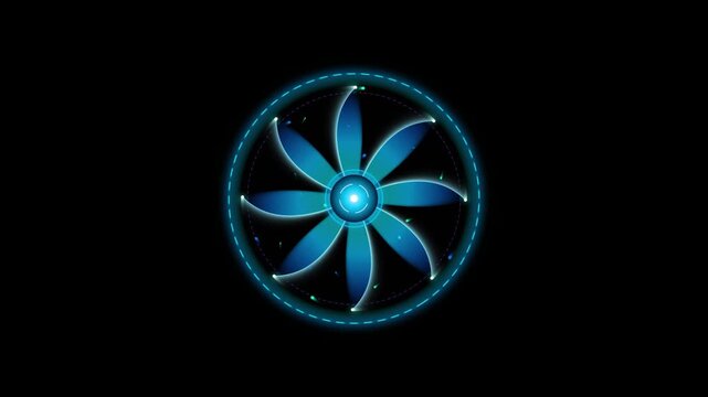 Futuristic blue digital fan hud animation, rotating turbine interface, sci-fi technology cyberpunk motion high-tech loading icon