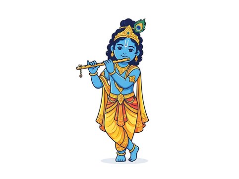 Blue deity figure playing flute adorned with crown and feather