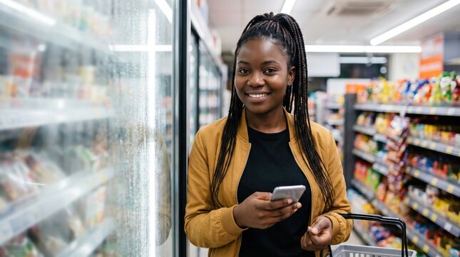 Smiling Black woman stands beside a chilled grocery aisle holding her smartphone and shopping basket, framed by colorful packaged goods and cool store lighting during a casual everyday shopping trip