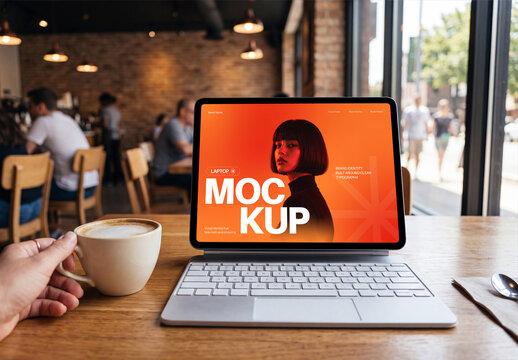 Laptop Screen Mockup on Cafe Table