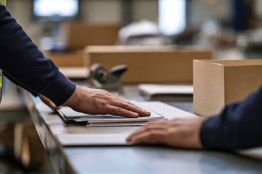 A close-up view of hands arranging paper stacks on a table, indicating organization, preparation, and work ethos in a busy shipping environment dedicated to logistics.