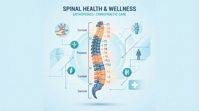 Spinal health and wellness infographic with human spine anatomy diagram