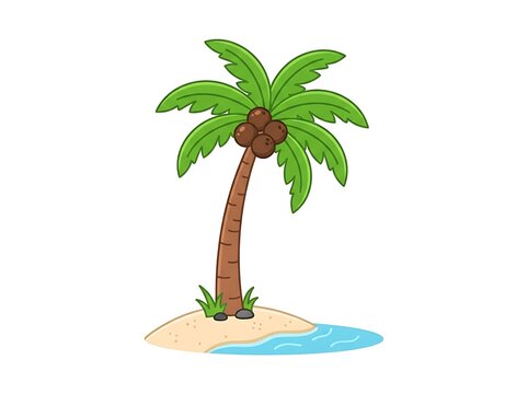 Tropical palm tree on island shoreline with ocean water