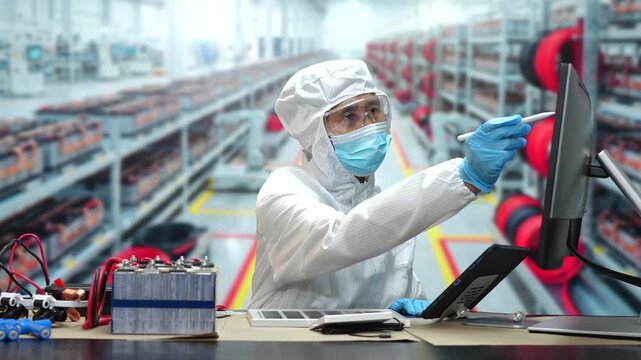 Technician in clean protective clothing checks a computer screen beside a battery pack on an electric vehicle production line.