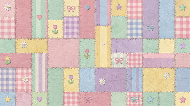Seamless patchwork quilt pattern with pastel fabric squares, cute floral motifs, bows, hearts, and stars in a whimsical textile design