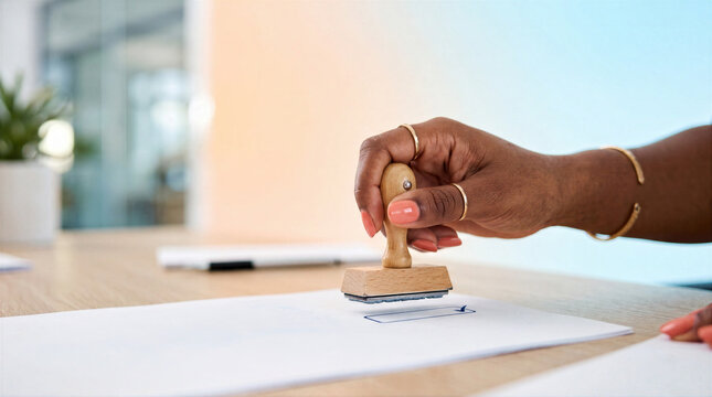 Stamping document with approval seal at office desk. Hand holding rubber stamp over paperwork for business contract, legal agreement, and administration verification process.