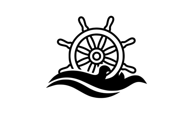 Modern ship helm steering wheel with dynamic ocean waves nautical marine logo vector