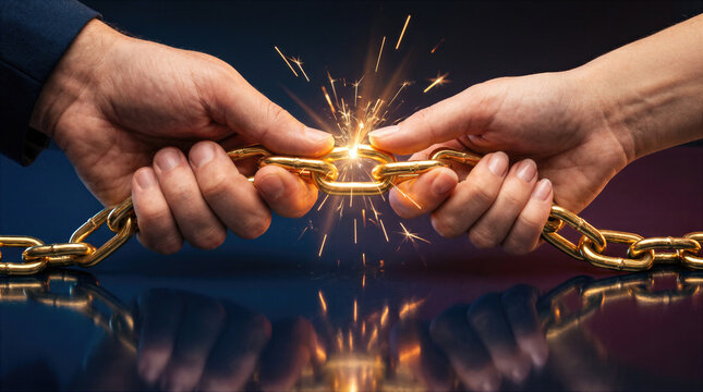Two hands hold a golden chain while sparks fly from the welded link, symbolizing connection, strength, partnership and unity between business parties working together.