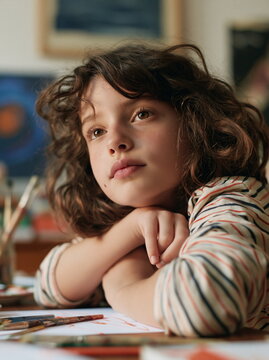 Young Child Joyfully Painting with Vibrant Colors on Wooden Table at Home, Expressing Creativity and Imagination
