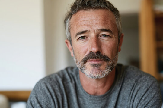 A mature man with gray hair and a beard gazes thoughtfully at the camera, showcasing confidence and poise in a well-lit interior space, exuding charisma and intelligence.