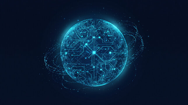 Digital globe with circuit board patterns and glowing data connections representing global technology and artificial intelligence connectivity