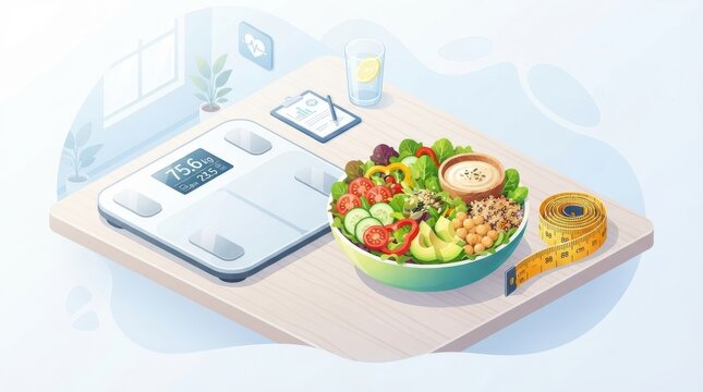 healthy food bowl with vegetable salad digital scale and yellow tape measure for dieting fitness goa
