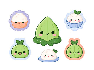 Fototapeta premium Cute kawaii plant characters set with smiling leaves and pastel colors