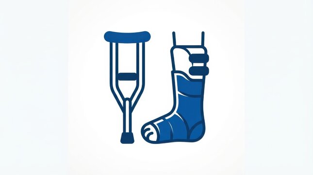 A blue icon depicting a leg in a medical cast and a crutch on a plain white background for medical l