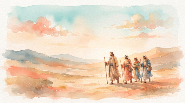 Watercolor illustration of four biblical figures walking together through a desert landscape under a soft sunrise sky