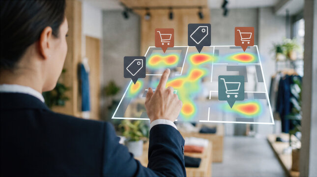 Analyzing retail customer behavior with digital heatmap and interactive floorplan. Touchscreen interface displays shopping data, tracking traffic patterns for marketing strategy and store optimization