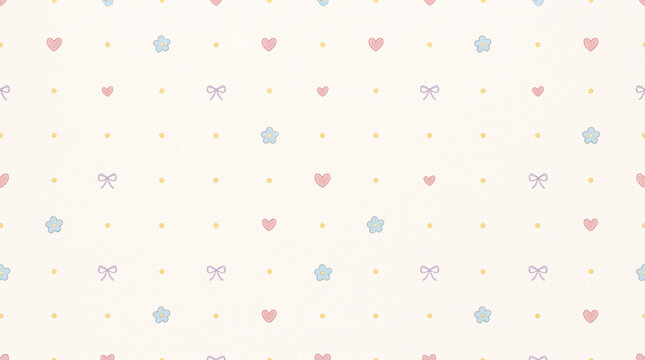 Seamless pattern with cute handdrawn hearts, bows, and flowers on a soft cream background