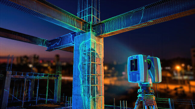 Laser scanning technology point cloud data of steel beams and reinforced concrete columns at a construction site, enabling precise surveying, mapping and digital modeling for structural engineering.