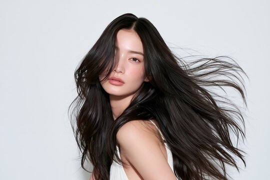 風になびく美しいロングヘア若々しい女性の美容イメージ
