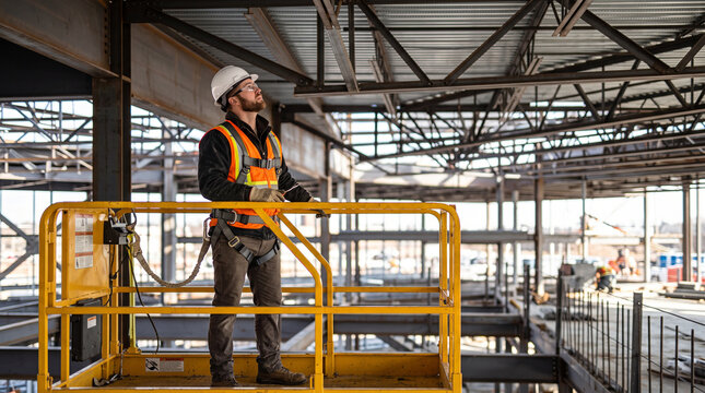 Construction worker on a scissor lift platform at an industrial worksite, wearing a safety harness and helmet while performing maintenance or installation work at height.