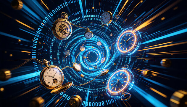 Abstract AI Time Machine, Swirling Binary Vortex Connecting Vintage Pocket Watches to Futuristic Holographic Clocks, Distorted Space-Time Visual Effect