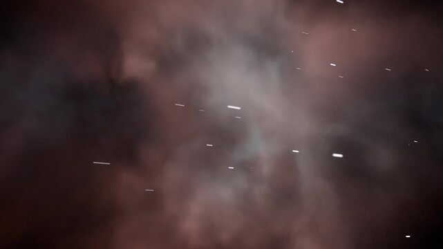 Panning diffuse red-brown nebula in deep space, showing streaking white particles and dark pockets