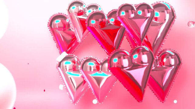 Entering new hearts nudging chrome hearts into stacked cluster at pink studio, bubbles, confetti