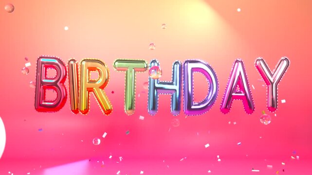 Revealing foil letter balloons inflating, aligning to spell BIRTHDAY in studio, confetti rising