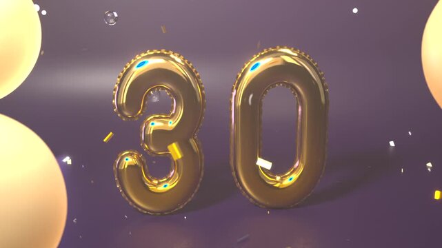 Arriving gold balloon 0 joining 3, forming 30 on glossy studio floor, confetti and bubbles drifting