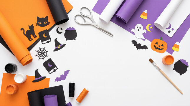 Halloween craft flat lay paper pumpkins, ghosts, bats, paints, scissors
