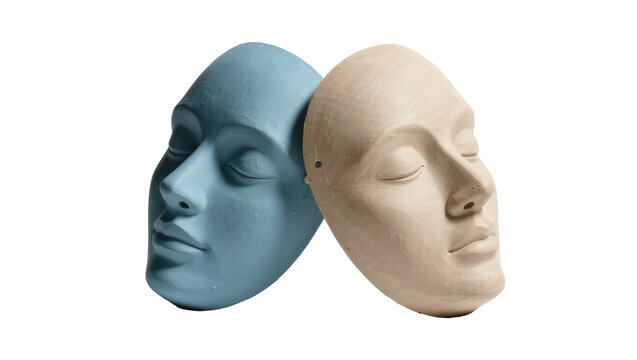 Two plaster face masks one blue and one beige, leaning together isolated on transparent background