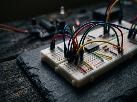 Digital circuit prototype with integrated circuit chips and jumper wires on dark surface.