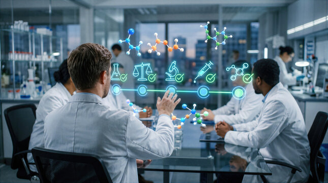 Scientists collaborate in a laboratory, analyzing molecular structures and chemical formulas on interactive digital interface, advancing research, innovation, and pharmaceutical development processes.
