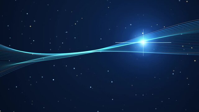 Blue glowing wave lines and shining flare star over dark cosmic particle background graphic