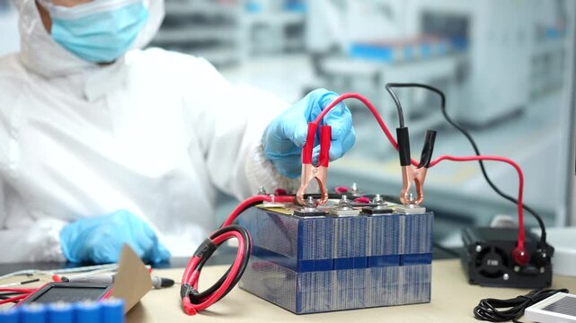 Technician in protective clothing tests a rechargeable battery pack with meter probes in an electronics laboratory.