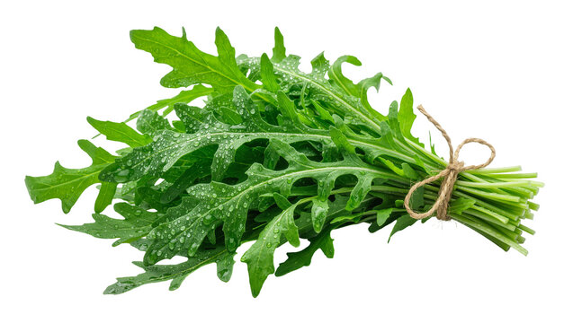 Fresh green arugula leaves tied with twine, isolated on transparent background