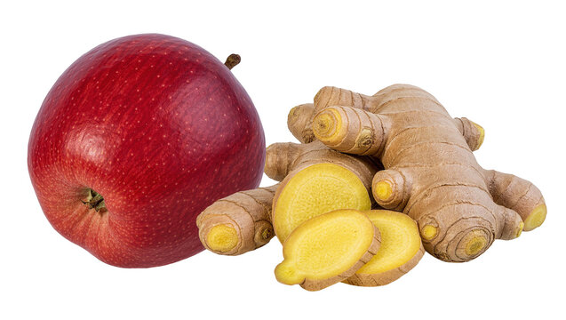 Whole red apple next to fresh ginger root and slices, isolated on transparent background