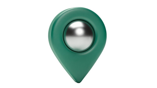 Green map pin with metallic sphere inside, isolated on transparent background